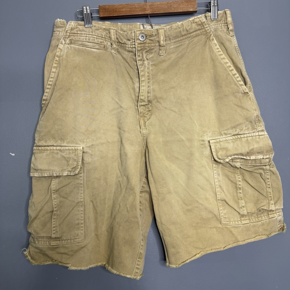 VTG American Eagle Mens Size 32 Military Cargo Cut Off Short Beige Canvas‎ Baggy